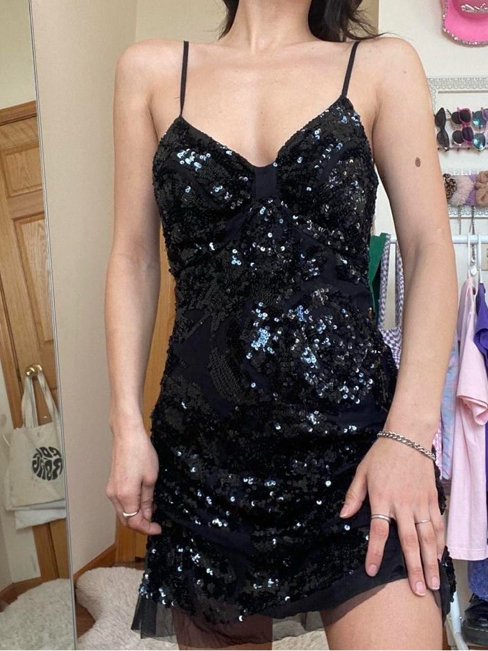 Vintage Black Sequin Mini Dress with Bow Bust